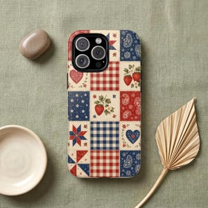 Americana Patchwork Phone Case, Coquette Patriotic iPhone Galaxy Pixel MagSafe Tough Cover, Vintage Bandana Strawberry Checker Gift for Her