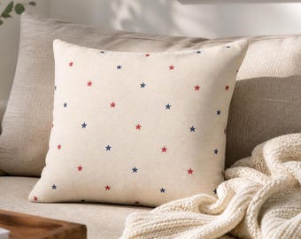 Americana Star Pillow Cover, Neutral Patriotic Throw Pillowcase, Small Ditsy Stars Red Blue Minimal Farmhouse Cushion, Fourth of July Decor