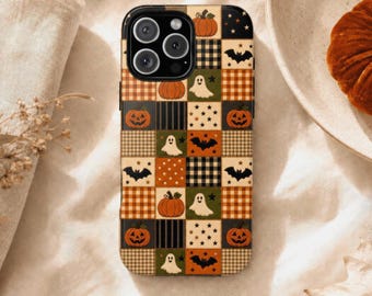 Halloween Ghost Faux Patchwork Phone Case, Pumpkin Bat iPhone, Cozy Cottagecore Autumn Samsung Galaxy Pixel MagSafe Tough Cover,  Fall Gift