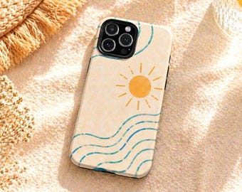 Minimalist Sun Phone Case, Beach Aesthetic iPhone Case, Coastal Line Art Samsung Galaxy Cover, Summer Ocean Minimal MagSafe Tough Cover Gift
