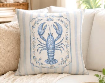 Blue Lobster Folk Art Pillow Cover, Coastal Cottage Throw Pillowcase, Nautical Beach Home Decor, French Coastal Cushion Case Cape Cod Accent