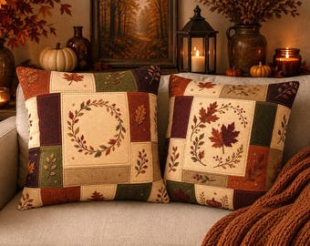 Faux Patchwork Fall Throw Pillow Cover, Cozy Autumn Quilt Look Cushion Case, Rustic Thanksgiving Pillowcase, Cottagecore Harvest Decor Gift