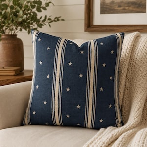 Navy Star Stripe Pillow Cover, Americana Farmhouse Decor, Vintage Patriotic Throw Pillowcase, Rustic Coastal Home Accent Cushion Case Gift