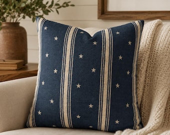 Navy Star Stripe Pillow Cover, Americana Farmhouse Decor, Vintage Patriotic Throw Pillowcase, Rustic Coastal Home Accent Cushion Case Gift