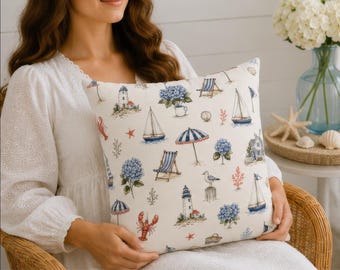 Seaside Beach House Pillow Cover, Coastal Throw Pillowcase, Hydrangea Sailboat Lobster Design, Nantucket Cottage or Lake Home Decor Gift