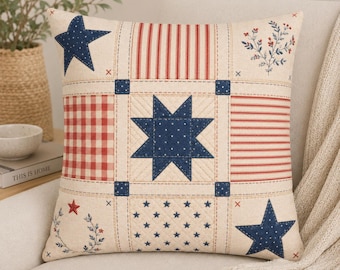 Patriotic Faux Patchwork Pillow Cover, Americana Quilt Throw Pillowcase, Red White Blue Farmhouse Cushion Case Rustic Home Accent Decor Gift