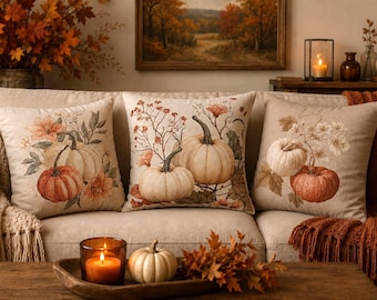 Pumpkin Harvest Pillow Cover, Floral Fall Throw Pillowcase, Cottagecore Autumn Decor, White Pumpkin Patch Farmhouse Cushion Case Accent Gift