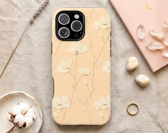 Neutral Botanical Phone Case, Beige Floral Minimal Nature Style, Wood Texture Design MagSafe Tough Cover iPhone, Samsung Galaxy, Pixel Gift