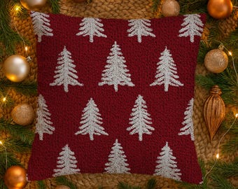 White Christmas Trees Pillow Cover with Knit Effect, Cabin Chic Cushion Case, Luxe Holiday Decor, Decorative Rustic Winter Pillowcase Gift
