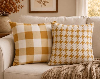 Mustard Fall Pillow Cover, Buffalo Check & Houndstooth Throw Pillowcase, Neutral Yellow Autumn Home Decor, Her Farmhouse Cushion Case Gift