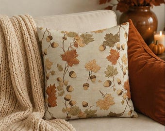 Fall Leaves Pillow Cover, Acorn Throw Pillowcase, Neutral Autumn Home Decor, Woodland Cottagecore Cushion Case, Rustic Farmhouse Pillowcase