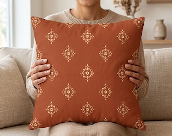 Terracotta Boho Pillow Cover, Fall Throw Pillowcase, Rust Couch Cushion Case, Neutral Southwest Decor, Autumn Diamond Motif Accent Pillow