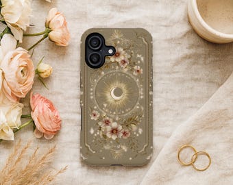 Celestial Crescent Moon iPhone Case for Spiritual Aesthetic Lovers, Gold Floral Mystic Phone Cover, Feminine MagSafe Tough Protective Case