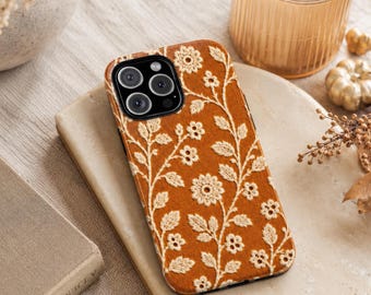 Faux Embroidered Floral Phone Case, Eyelet Look Botanical Vine iPhone Cover, Cottagecore Design for Samsung Galaxy Pixel MagSafe Tough Gift