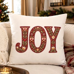 Christmas Word Pillow Cover, Holly Joy Noel Peace Cushion Case, Vintage Botanical Holiday Throw Pillowcase, Cottagecore Christmas Decor Gift