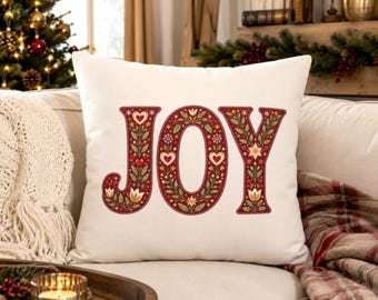 Christmas Word Pillow Cover, Holly Joy Noel Peace Cushion Case, Vintage Botanical Holiday Throw Pillowcase, Cottagecore Christmas Decor Gift