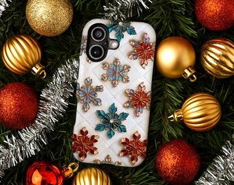 Festligt snöflingemönster iPhone-skal, vinterjulklapp till henne, kristalleffekt för högtider, MagSafe-kompatibel vardagsestetik