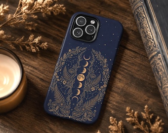 Celestial Moon Phase Phone Case, Nay Botanical Night Sky Design, Floral Dark Academia iPhone Samsung Galaxy Pixel MagSafe Tough Cover Gift