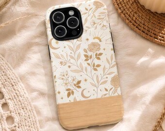 Celestial Floral Phone Case for iPhone, Galaxy & Pixel, Faux Wood Crescent Moon and Stars Botanical Style, Boho Aesthetic MagSafe Tough Gift