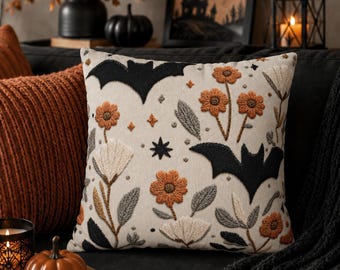 Halloween Bat Throw Pillow Cover, Faux Embroidered Neutral Spooky Floral Pillow, Cottagecore Fall Home Decor, Cute Autumn Goth Cushion Case