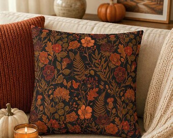 Moody Dark Floral Throw Pillow Cover, Vintage Botanical Pillowcase, Cottagecore Fall Decor, Autumn Flower Cushion Case Maximalist Decor Gift