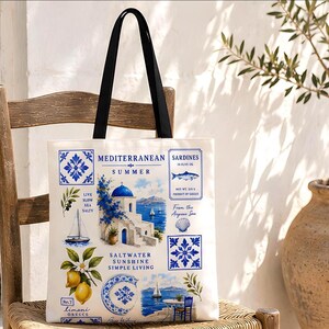 Mediterranean Tote, Santorini Greece Beach Gift for Her Trip, Greek Island Reusable Market Bag, Blue White Coastal Summer Vacation Travel image 3