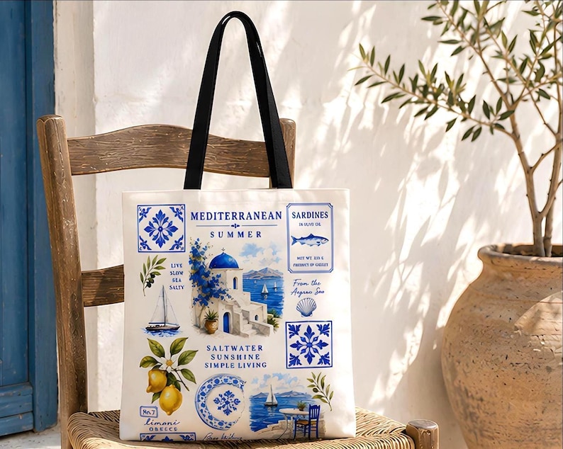 Mediterranean Tote, Santorini Greece Beach Gift for Her Trip, Greek Island Reusable Market Bag, Blue White Coastal Summer Vacation Travel image 3
