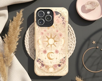 Tarot Oracle Card iPhone Case for Her Celestial Floral Sun and Moon Astrology Aesthetic, Halloween Gift, MagSafe 13-17 Plus Pro Max Cover
