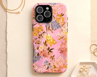 Feminine Pink Floral Phone Case Gift for Her, Gold Botanical Design, Romantic Aesthetic MagSafe Tough iPhone, Samsung Galaxy, Pixel Cover