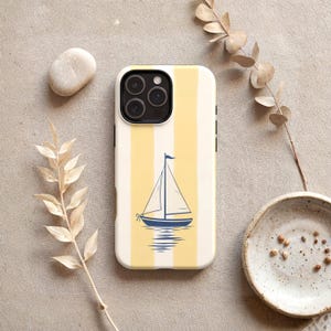 Nautical Phone Case, Yellow Stripe Sailboat, Coastal Grandmillennial iPhone Samsung Galaxy Pixel Cover, Beach House Summer Aesthetic Gift image 1
