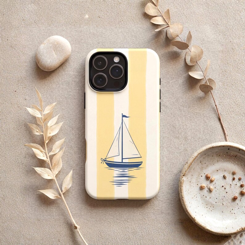 Nautical Phone Case, Yellow Stripe Sailboat, Coastal Grandmillennial iPhone Samsung Galaxy Pixel Cover, Beach House Summer Aesthetic Gift image 1