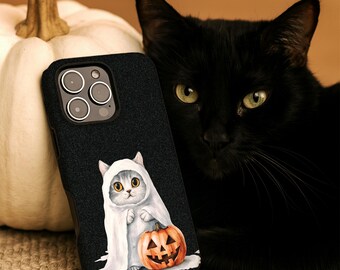 Ghost Cat Pumpkin iPhone Case, Cozy Halloween Spooky Cat Gift for Her or Him, Cat Lover, Pet Owner, MagSafe Compatible Everyday Aesthetic