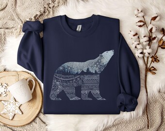 Christmas Nordic Polar Bear Crewneck Sweater for Women & Men- Cabin Chic Mandala Silhouette Art Sweatshirt, Winter Snowflakes Forest Gift