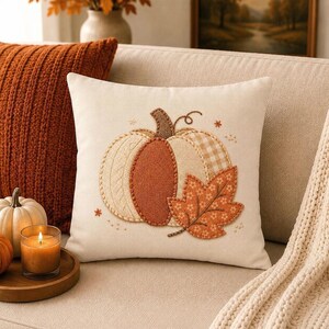 Neutral Fall Pumpkin Pillow Cover, Faux Patchwork and Faux Embroidered Throw Pillowcase Farmhouse Decor, Cozy Autumn Leaf Cushion Case Gift