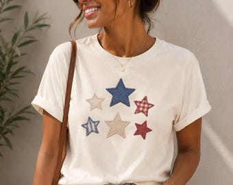 Faux Embroidered Patriotic Stars Shirt, Comfort Colors Fourth of July Tee, Americana Summer Graphic T-shirt, USA Star Top Holiday Style Gift