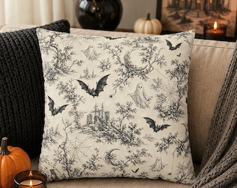 Halloween Toile Pillow Cover, Spooky Ghost Throw Pillowcase, Vintage Gothic Cottage Home Decor, Neutral Fall Celestial Bat Cushion Case Gift