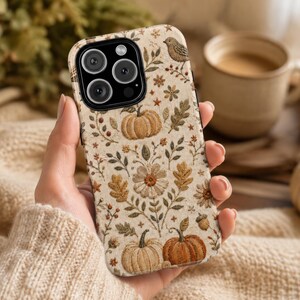 Faux Embroidered Pumpkin Phone Case, Autumn Bird Floral iPhone Cover, Cottagecore Fall Design for Samsung Galaxy Pixel MagSafe Tough Case image 2