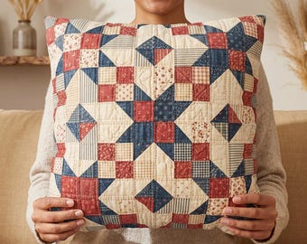 Faux Patchwork Quilt Pillow Cover, Vintage Americana Farmhouse Decor, Red White Blue Quilt Style Cushion, Rustic Country Throw Pillowcase
