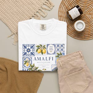 Amalfi Tile Lemon Shirt, Italy Vacation Outfit, Italian Ceramic Mediterranean Pattern T-Shirt Coastal Europe Amalfi Coast Top Gift for Women White