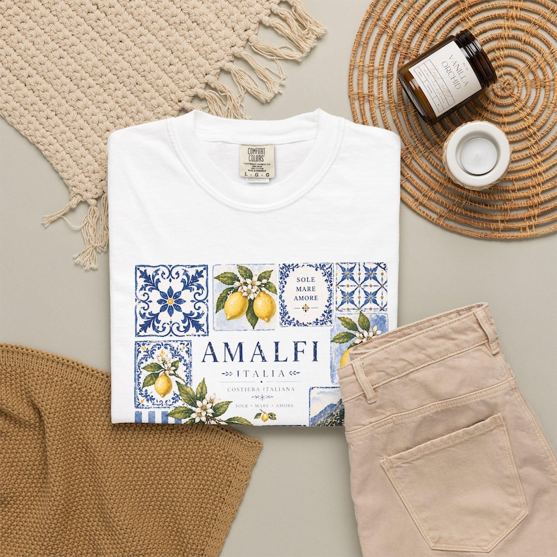 Amalfi Tile Lemon Shirt, Italy Vacation Outfit, Italian Ceramic Mediterranean Pattern T-Shirt Coastal Europe Amalfi Coast Top Gift for Women White