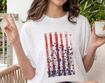 Patriotic Floral Shirt for Women, Vintage Americana Stripe Tee, Artistic USA Flag Inspired Comfort Colors T Shirt, Subtle 4th of July Outfit