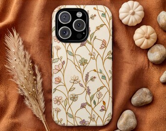 Floral Vine Phone Case, Faux Stained Glass Art Nouveau Wildflower Cover, Ivory Botanical iPhone Samsung Galaxy Pixel MagSafe Tough Case Gift