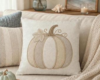 Faux Embroidered Pumpkin Pillow Cover, Neutral Pumpkin Throw Pillowcase, Cozy Fall Farmhouse Decor, Minimal Autumn Harvest Home Accent Gift