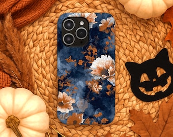 White Orange Floral iPhone Case, Blue Botanical Fall Art, Modern Autumn Flower Design Gift for Her, MagSafe Compatible Everyday Aesthetic