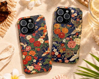 Crane and Peony Phone Case for iPhone, Galaxy & Pixel, Indigo Botanical Pattern MagSafe Tough Cover, Vintage Botanical Inspired Gift for Her