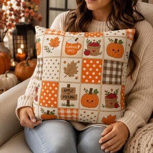 Pumpkin Faux Patchwork Pillow Cover, Fall Throw Pillowcase, Apple Picking Pumpkin Spice Pillowcase, Cottagecore Autumn Farmhouse Decor Gift
