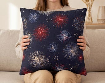 Patriotic Fireworks Pillow Cover, Red White Blue Americana Throw Pillowcase, July 4th Home Decor, Independence Day Cushion Summer Cover Gift