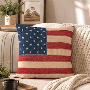 American Flag Pillow Cover, Vintage Americana Decor Patriotic Throw Pillowcase, Farmhouse 4th of July Rustic USA Cushion Independence Day image 5