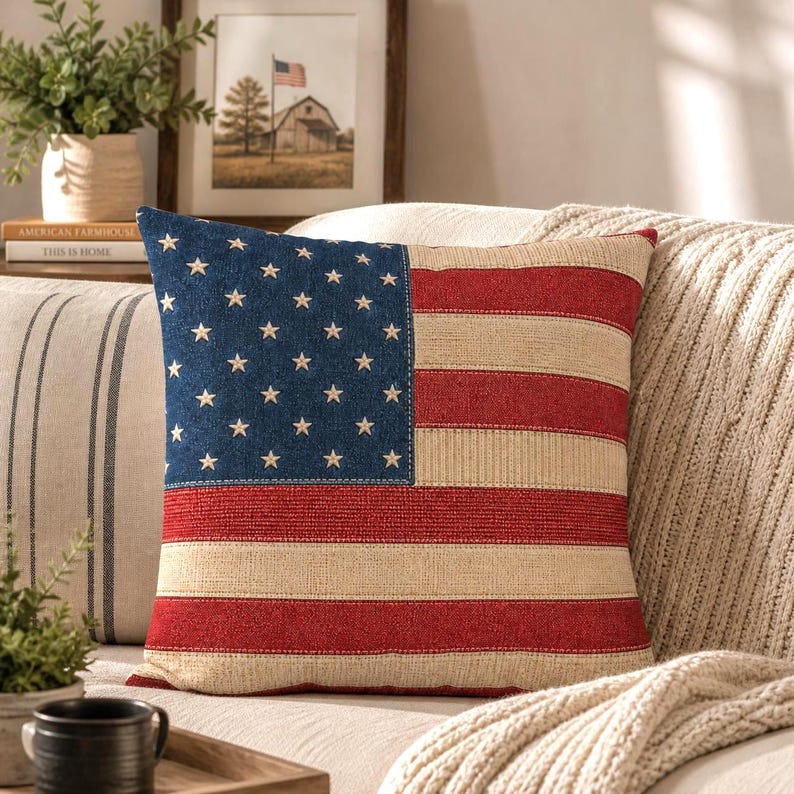 American Flag Pillow Cover, Vintage Americana Decor Patriotic Throw Pillowcase, Farmhouse 4th of July Rustic USA Cushion Independence Day image 5