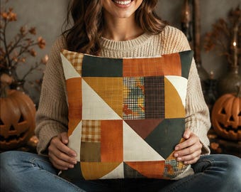 Geometric Fall Pillow Cover, Modern Autumn Throw Pillowcase, Retro Faux Patchwork Cushion Case, Mid Century Boho Fall Home Decor Accent Gift